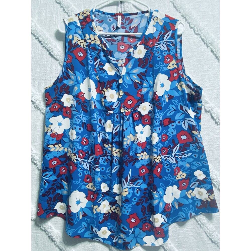 Aligaduo Summer Women’s V-neck Tunic Shirt Blue Floral 2XL